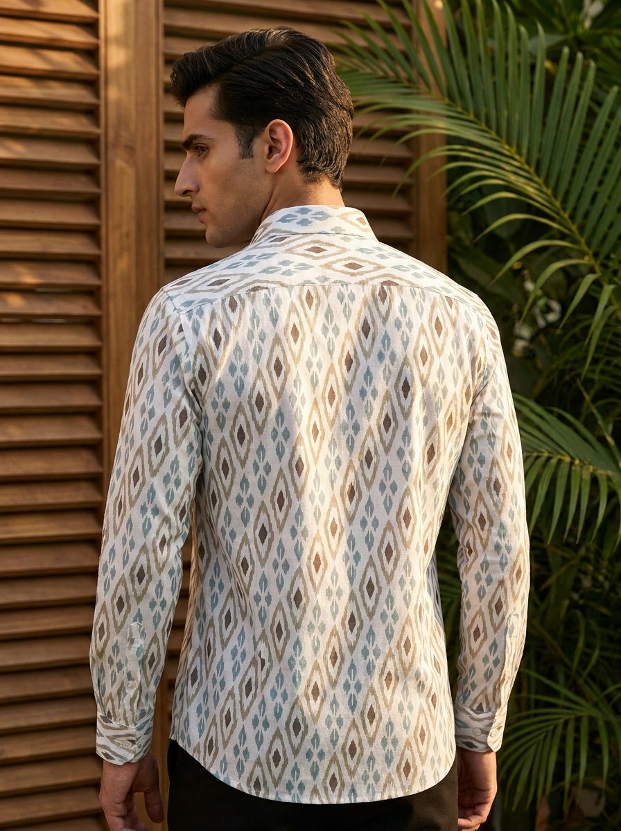White ikkat Printed Full Sleeve Shirt