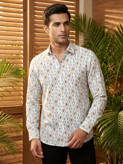 White ikkat Printed Full Sleeve Shirt