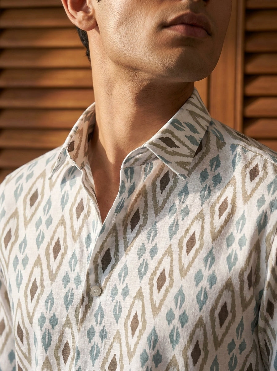 White ikkat Printed Full Sleeve Shirt