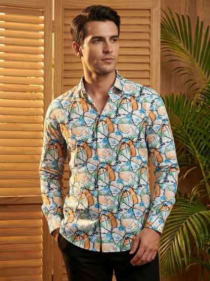 Sky And Orange Printed Full Sleeve Shirt