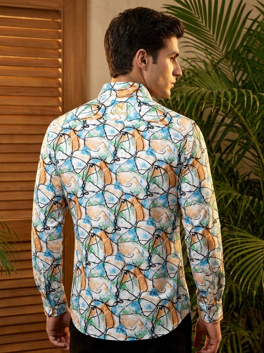 Sky And Orange Printed Full Sleeve Shirt
