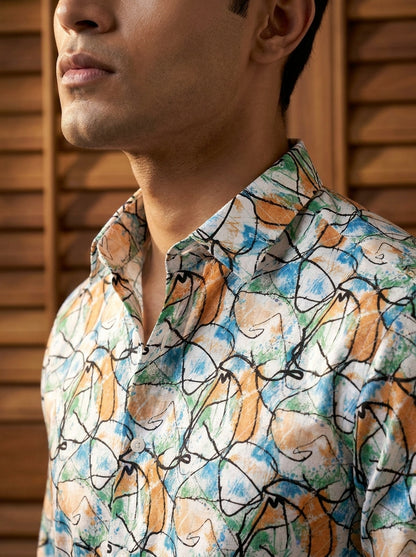 Sky And Orange Printed Full Sleeve Shirt