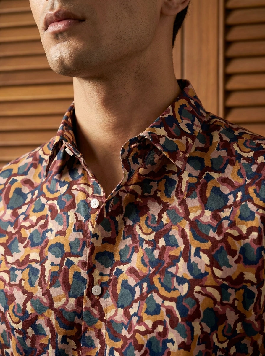 Marron And Grey Printed Full Sleeve Shirt