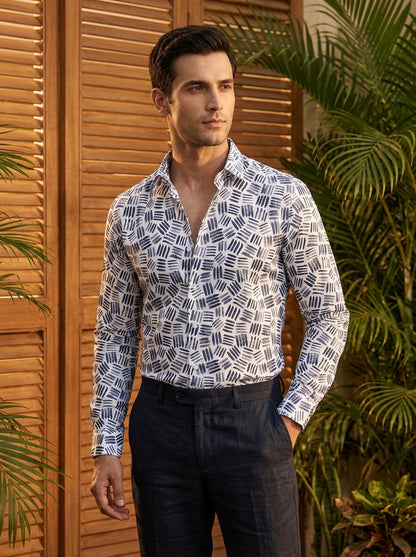 White And Navy Printed Full Sleeve Shirt