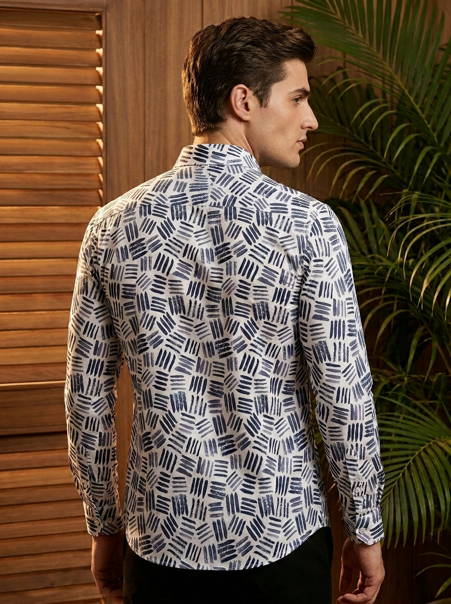 White And Navy Printed Full Sleeve Shirt