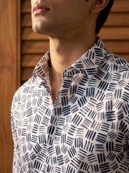 White And Navy Printed Full Sleeve Shirt