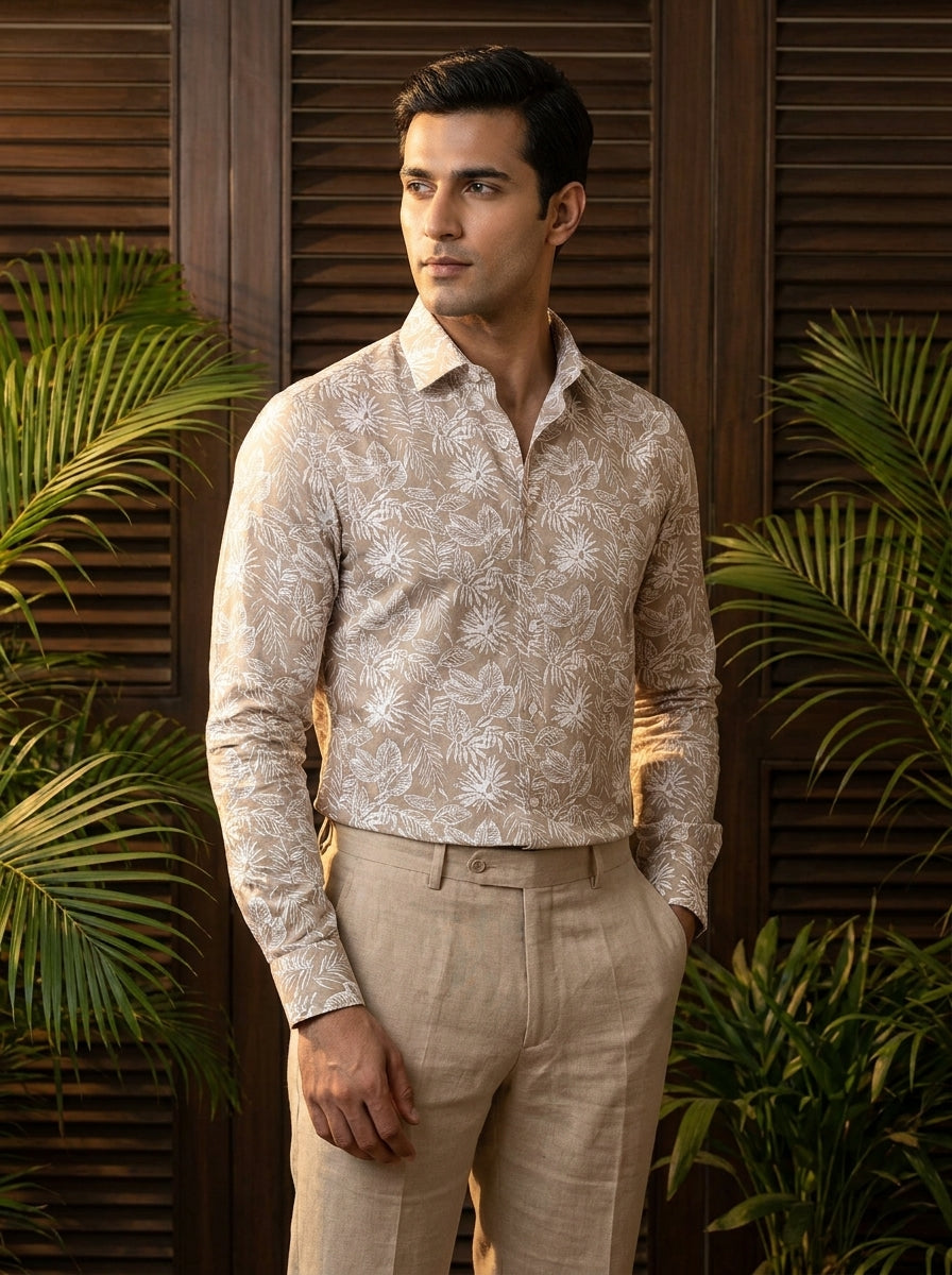 Beige Leaf Printed Full Sleeve Shirt