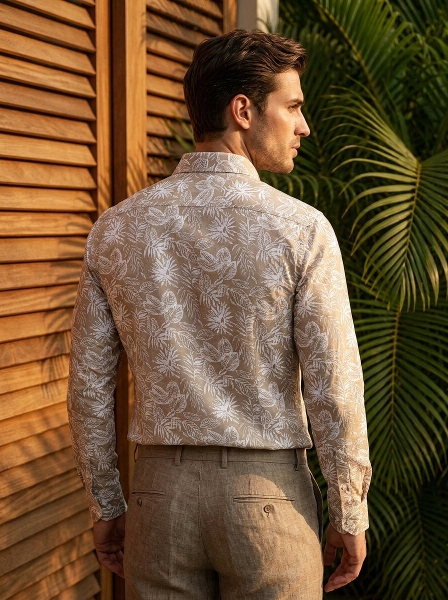 Beige Leaf Printed Full Sleeve Shirt