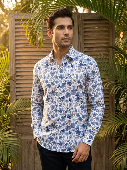 White Floral Printed Full Sleeve Shirt