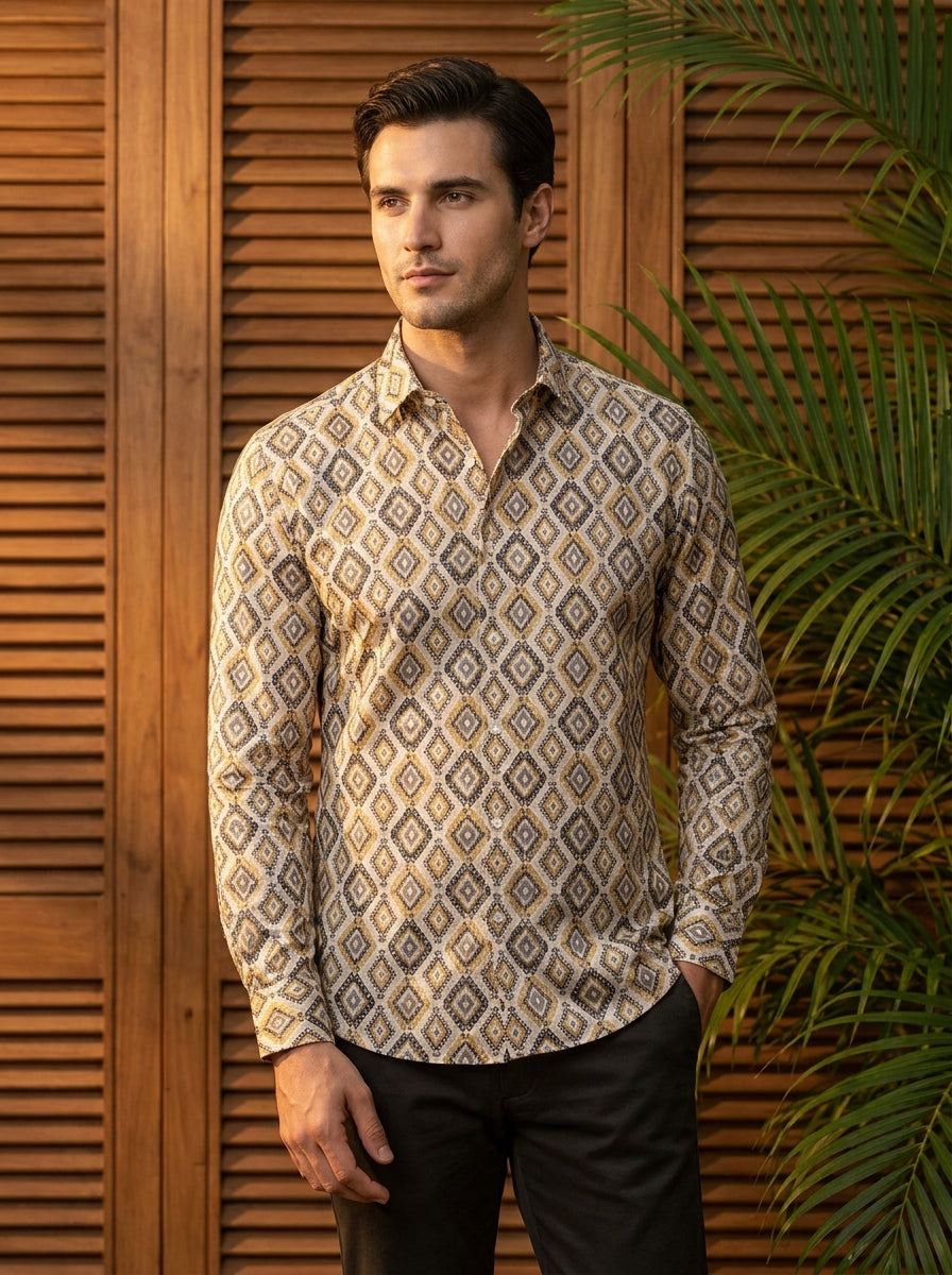 Mustard Ikkat Printed Full Sleeve Shirt