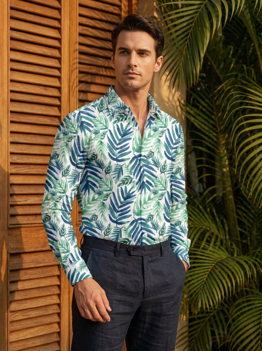 Blue Leaf Printed Full Sleeve Shirt