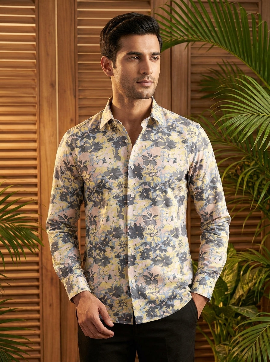 Peach And Grey Printed Full Sleeve Shirt