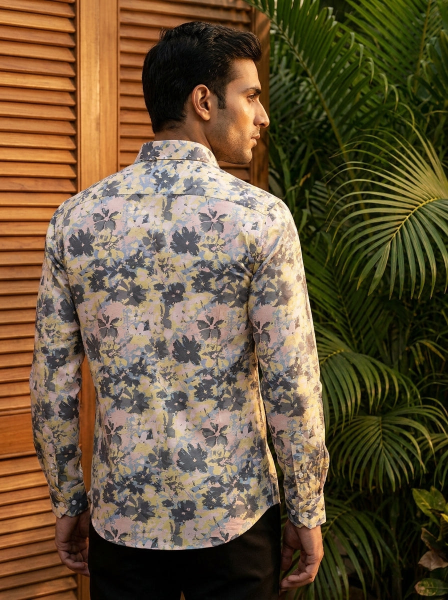 Peach And Grey Printed Full Sleeve Shirt