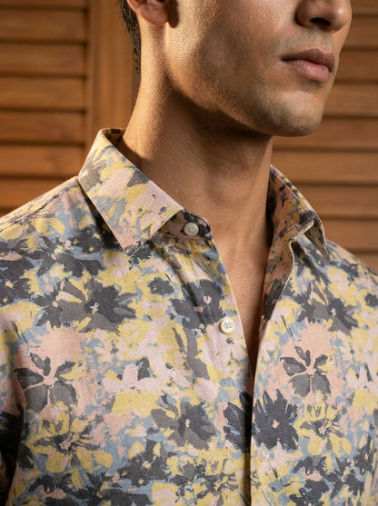 Peach And Grey Printed Full Sleeve Shirt