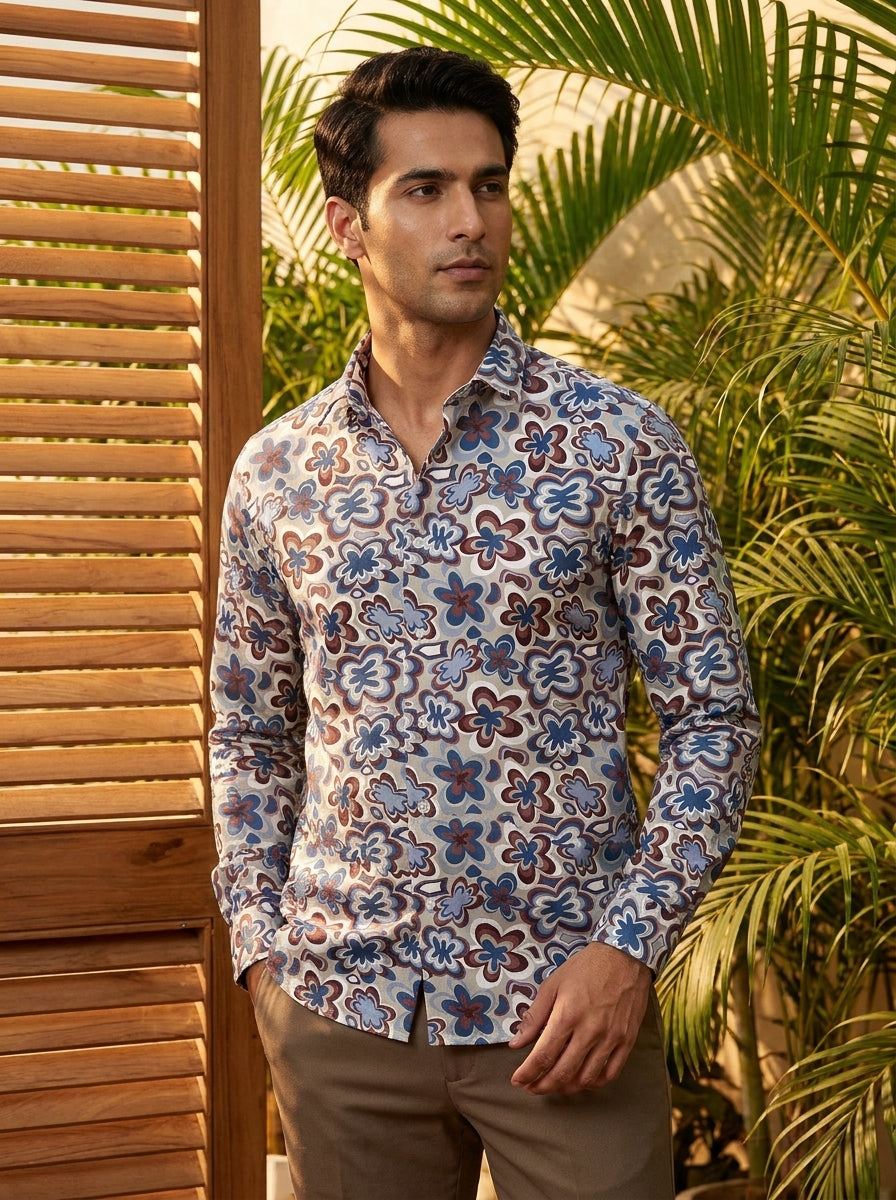 Blue And Brown Floral Printed Full Sleeve Shirt