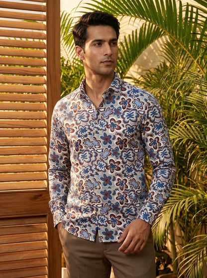 Blue And Brown Floral Printed Full Sleeve Shirt