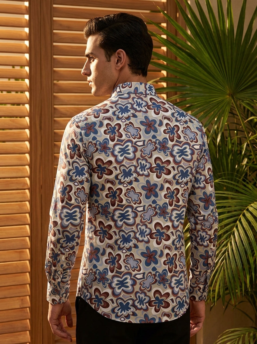 Blue And Brown Floral Printed Full Sleeve Shirt