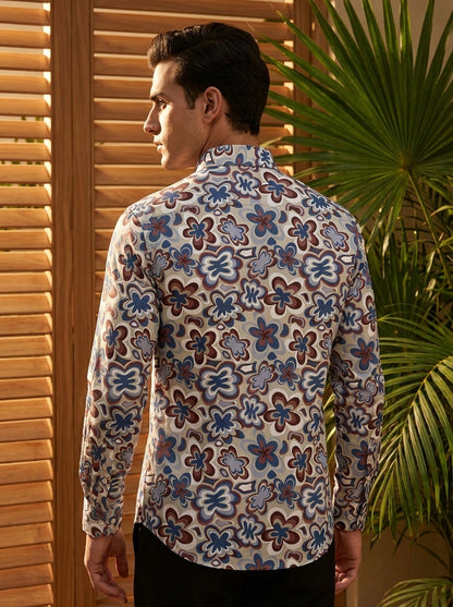 Blue And Brown Floral Printed Full Sleeve Shirt