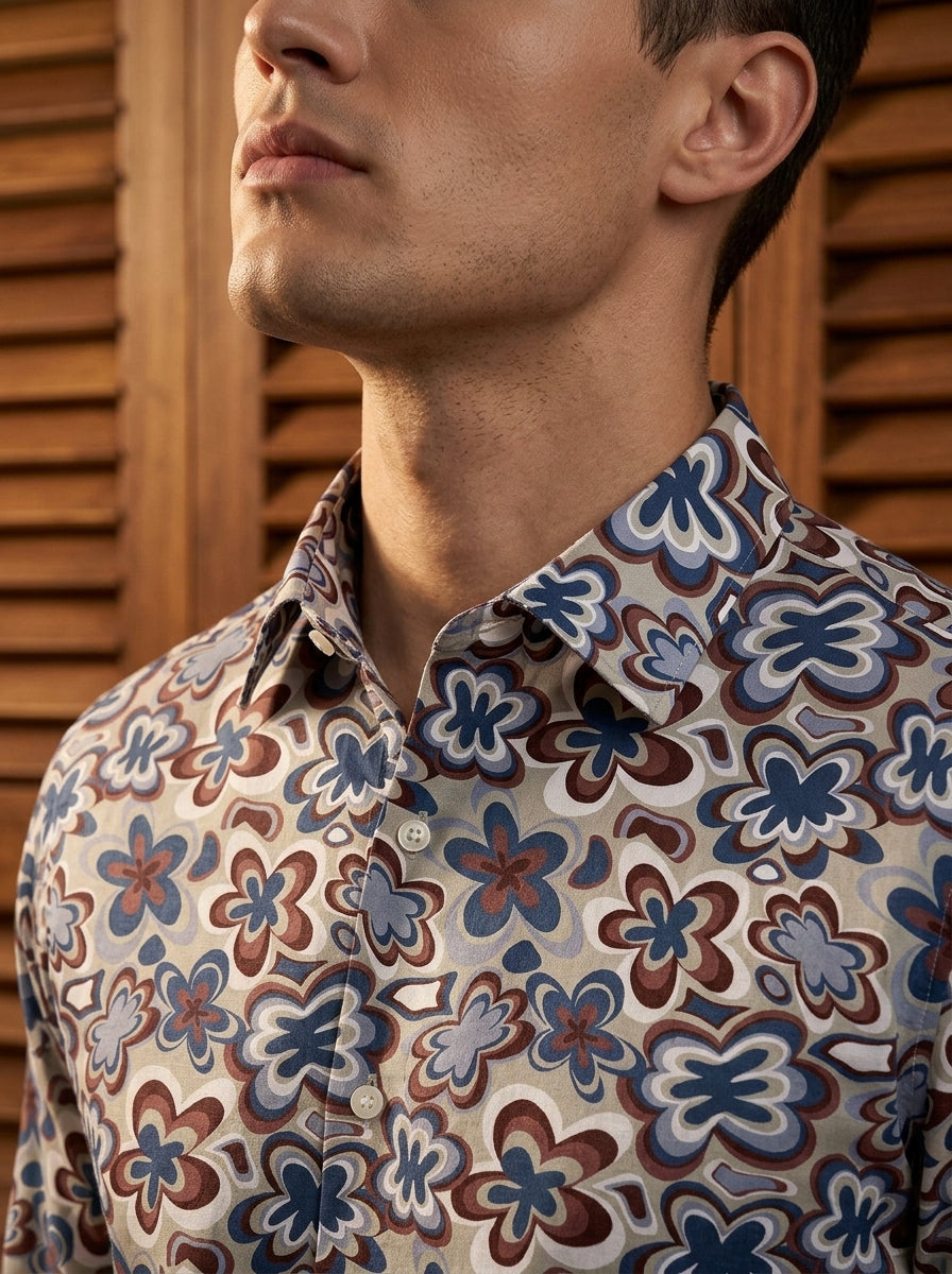 Blue And Brown Floral Printed Full Sleeve Shirt