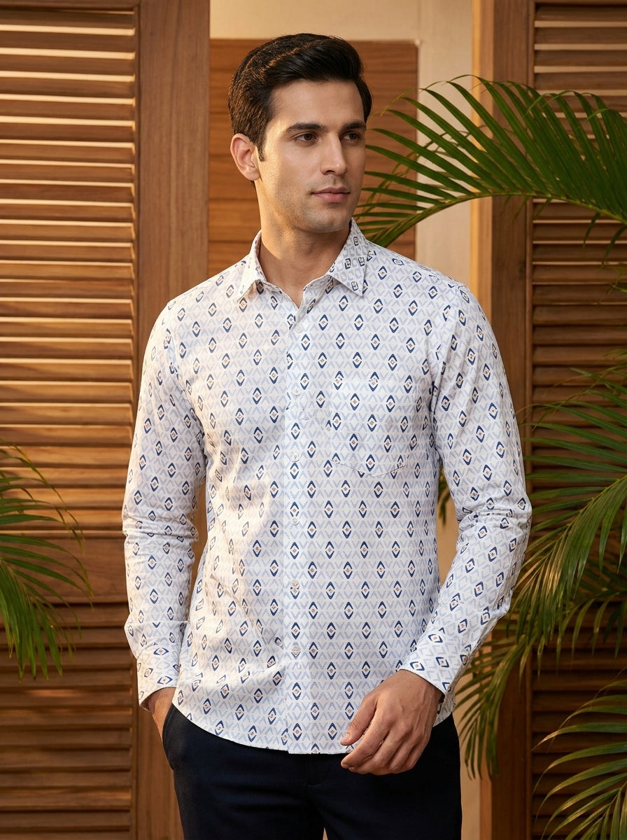 White And Blue Printed Full Sleeve Shirt