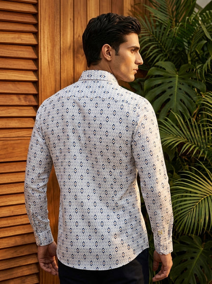White And Blue Printed Full Sleeve Shirt