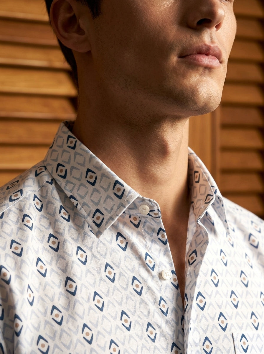 White And Blue Printed Full Sleeve Shirt