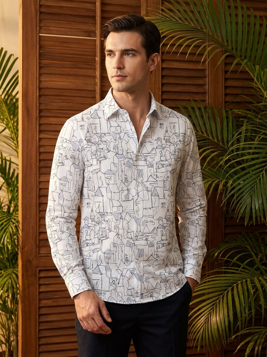 White And Black Printed Full Sleeve Shirt