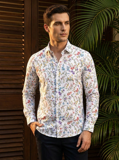 White Leaf And Flower Printed Full Sleeve Shirt