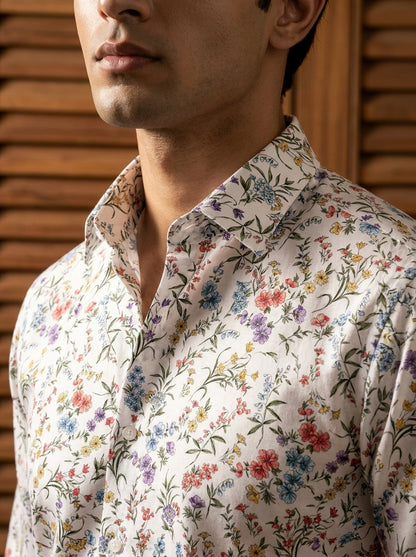 White Leaf And Flower Printed Full Sleeve Shirt