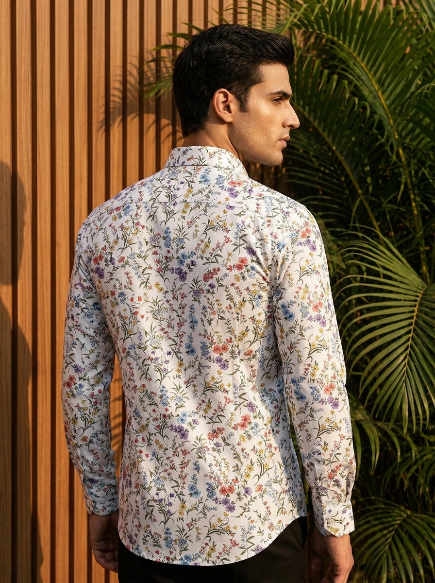 White Leaf And Flower Printed Full Sleeve Shirt