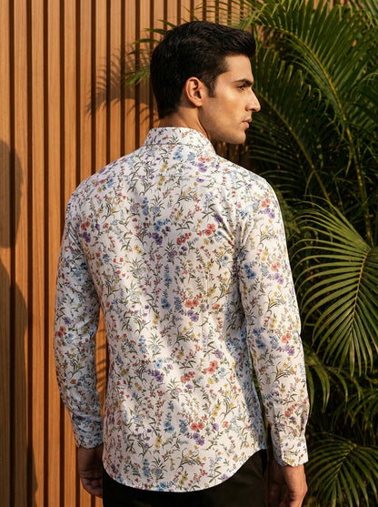 White Leaf And Flower Printed Full Sleeve Shirt