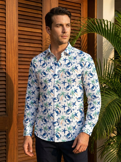 White And Blue Crab Printed Full Sleeve Shirt