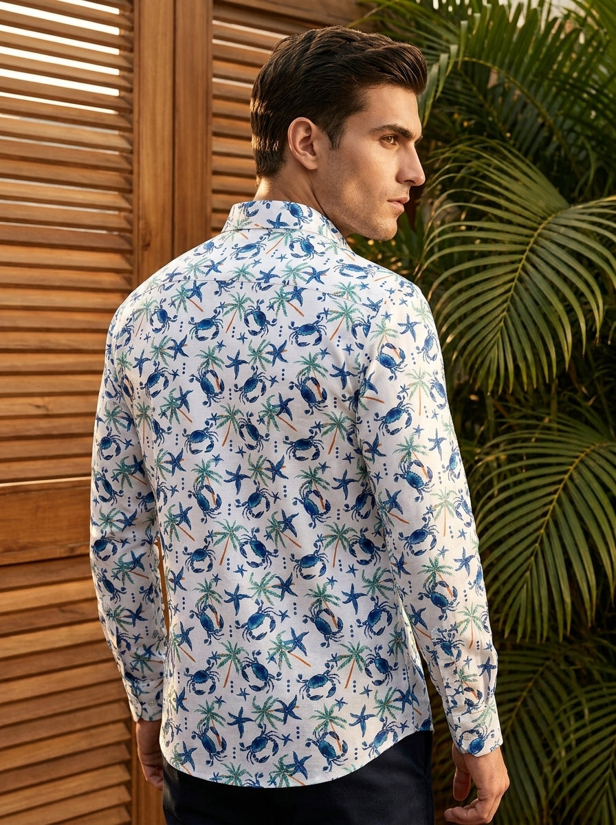 White And Blue Crab Printed Full Sleeve Shirt