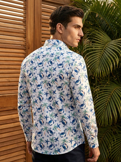 White And Blue Crab Printed Full Sleeve Shirt