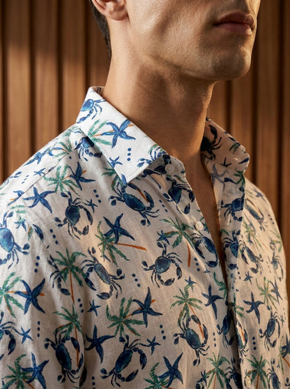 White And Blue Crab Printed Full Sleeve Shirt
