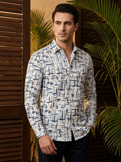 White Abstract Printed Full Sleeve Shirt