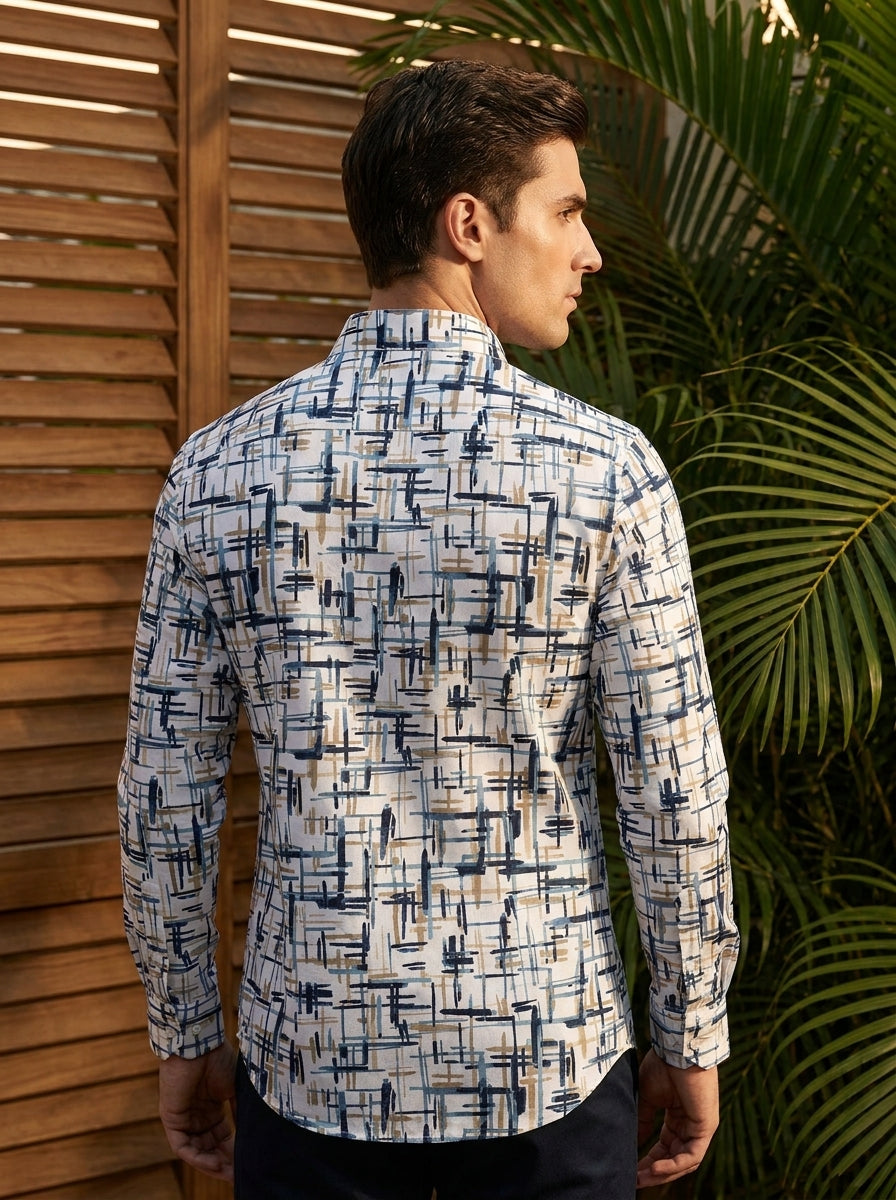 White Abstract Printed Full Sleeve Shirt