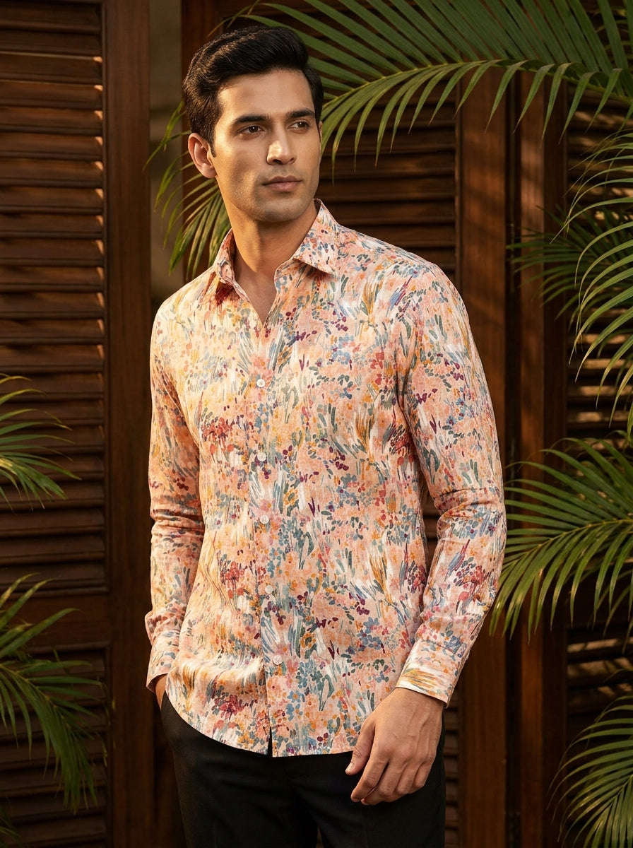Orange Flower Printed Full Sleeve Shirt