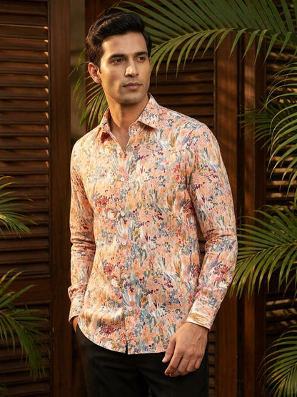 Orange Flower Printed Full Sleeve Shirt