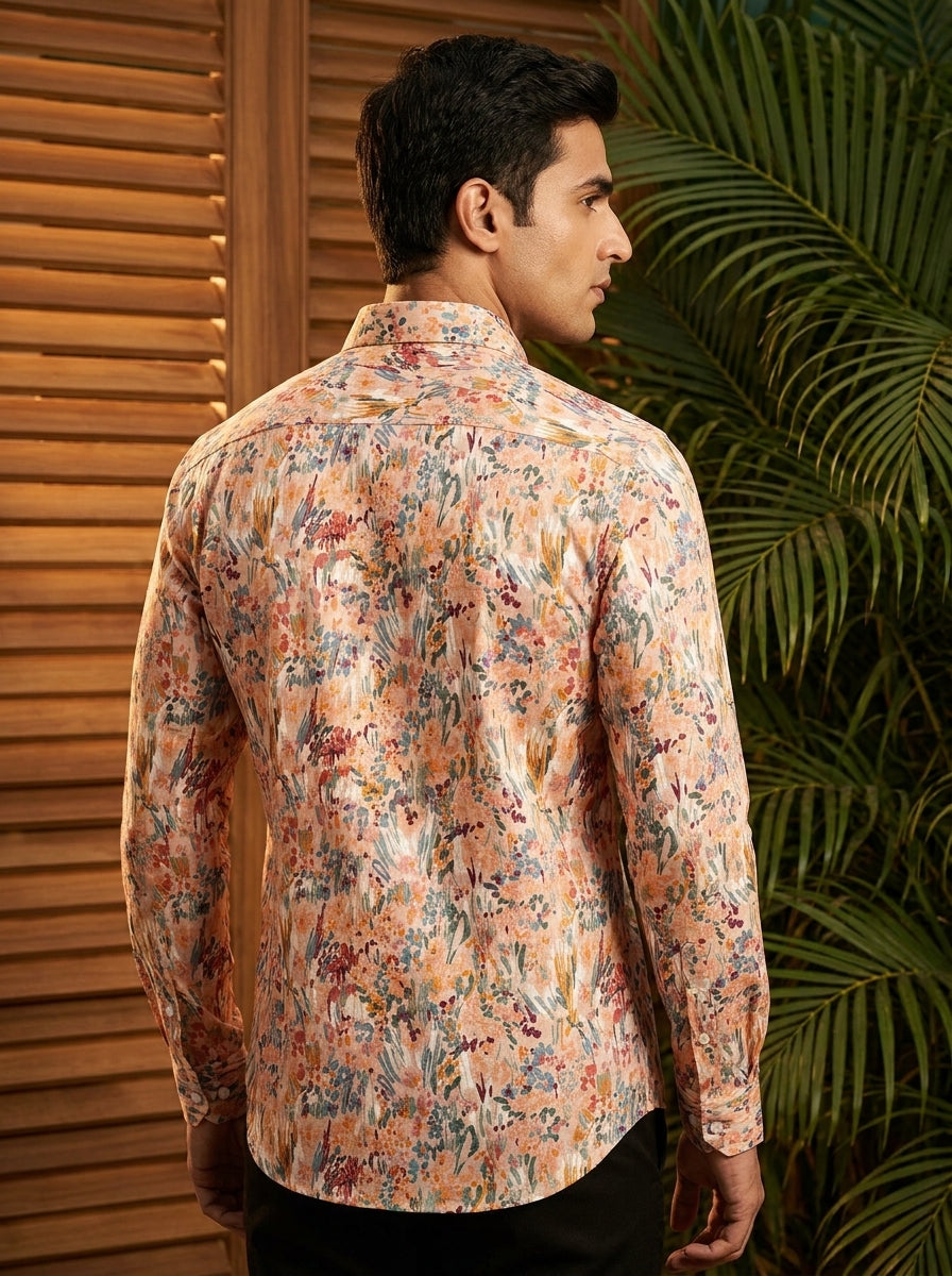 Orange Flower Printed Full Sleeve Shirt