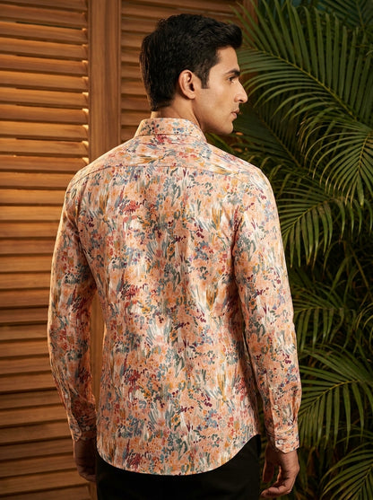 Orange Flower Printed Full Sleeve Shirt