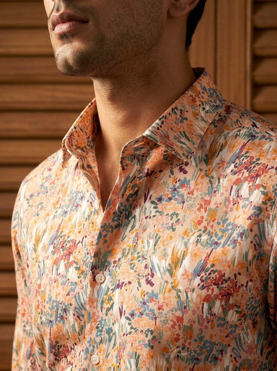 Orange Flower Printed Full Sleeve Shirt