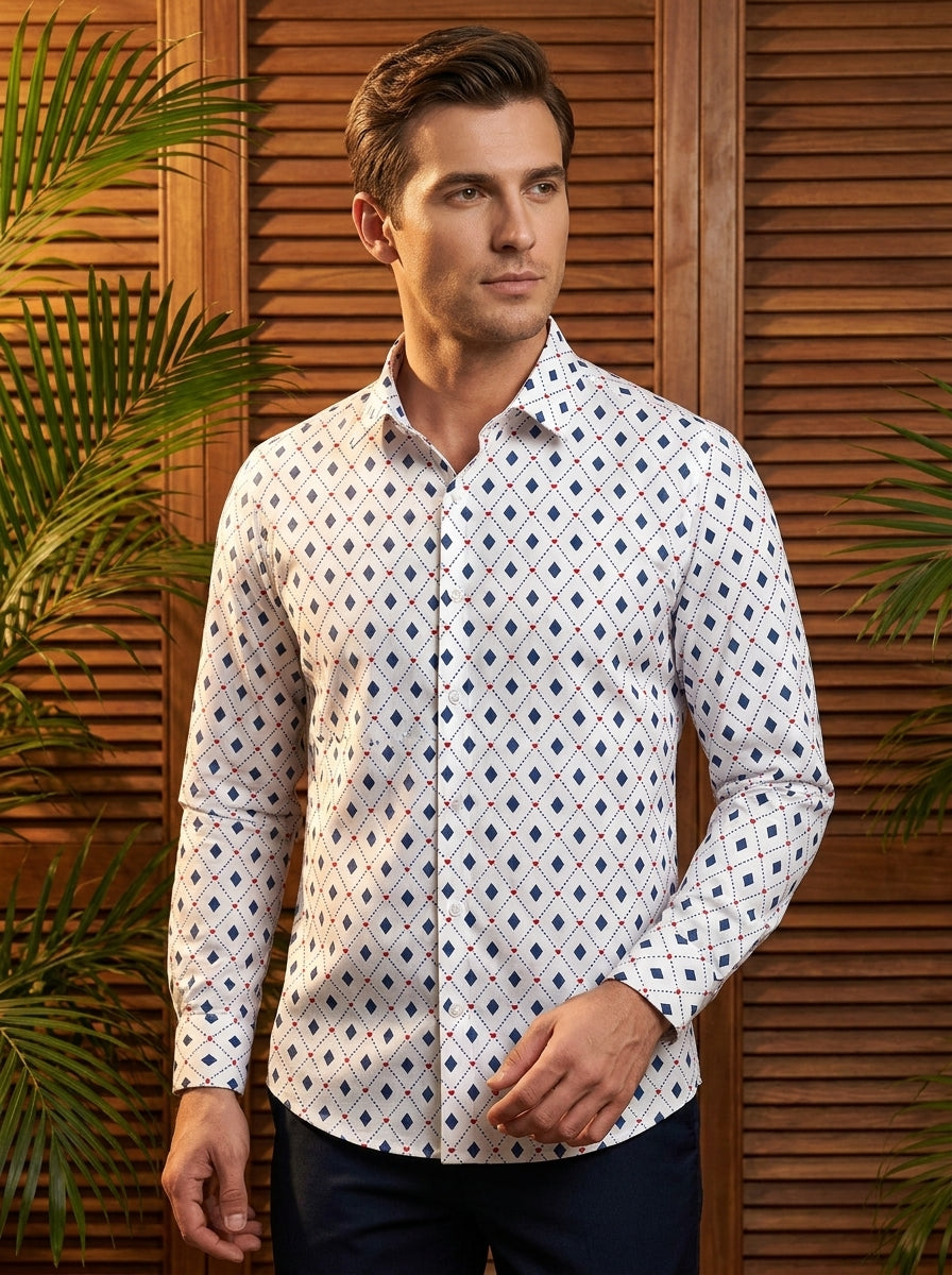 White And Blue Printed Full Sleeve Shirt