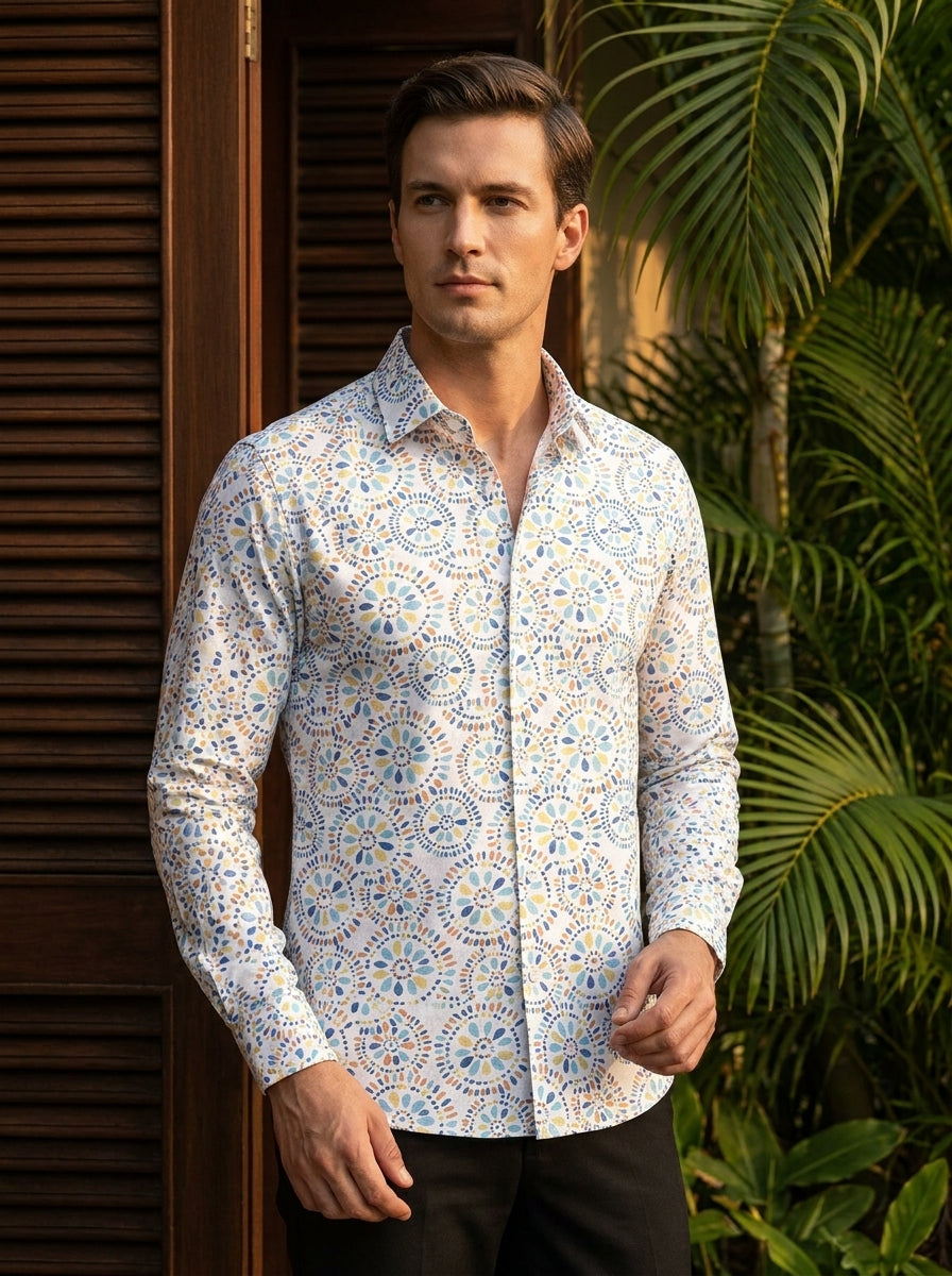 White Round Printed Full Sleeve Shirt
