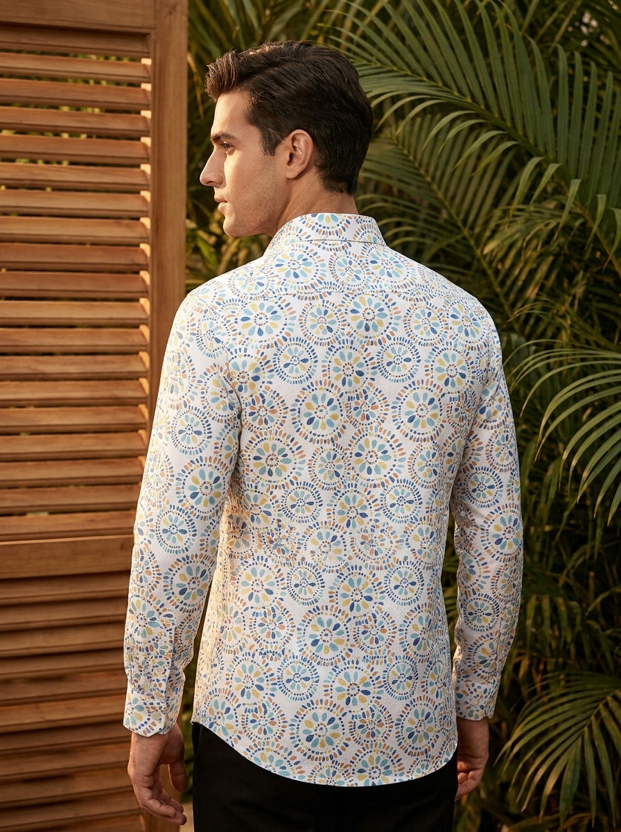 White Round Printed Full Sleeve Shirt
