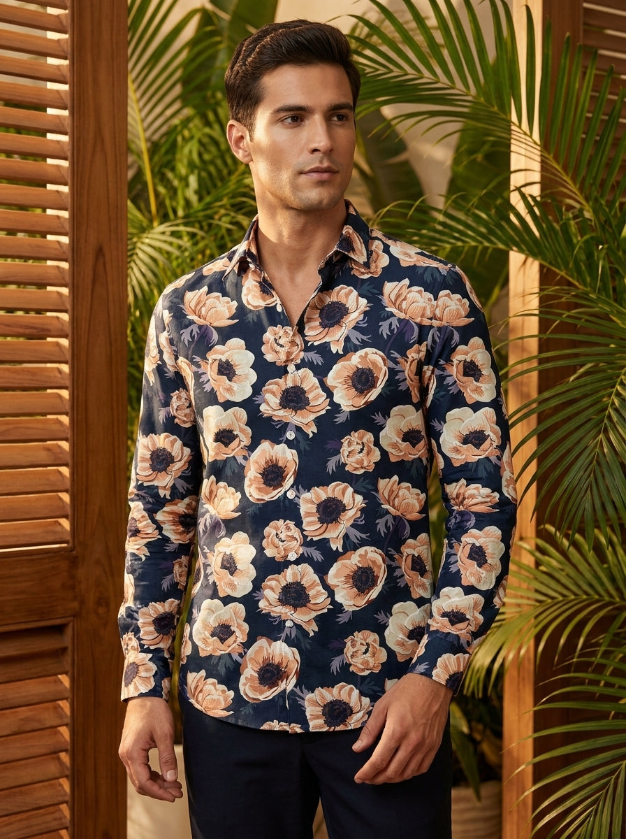 Navy Blue Flower Printed Full Sleeve Shirt
