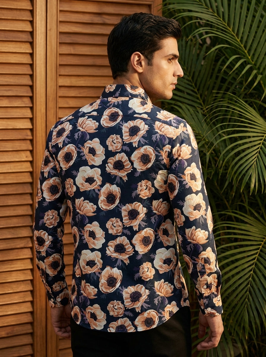 Navy Blue Flower Printed Full Sleeve Shirt