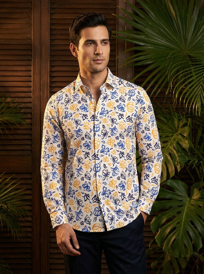 Off White Flower Printed Full Sleeve Shirt