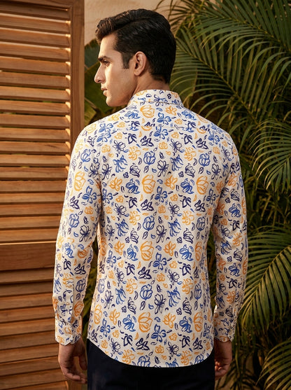 Off White Flower Printed Full Sleeve Shirt