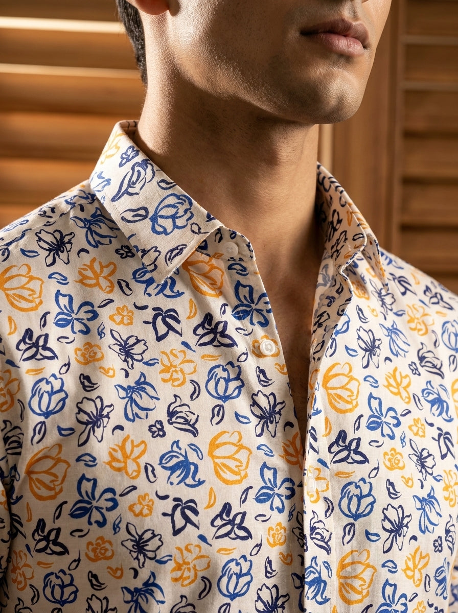 Off White Flower Printed Full Sleeve Shirt